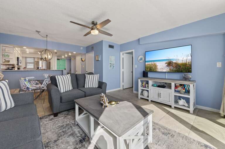 Unwind with your favorite shows on the flat-screen TV in the living room after a sun-soaked day at the beach. Unwind with your favorite shows on the flat-screen TV in the living room after a sun-soaked day at the beach.