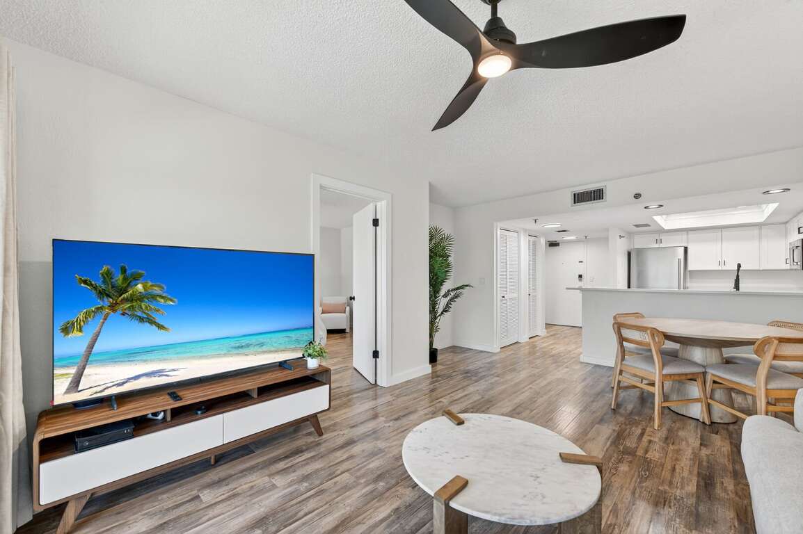 Catch your favorite shows on the huge living room TV—perfect for relaxing evenings after a day at the beach Catch your favorite shows on the huge living room TV—perfect for relaxing evenings after a day at the beach