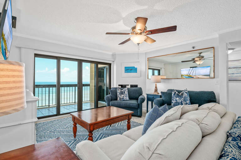 Beachy blue decor and a stunning Atlantic Ocean view from the beachfront living room