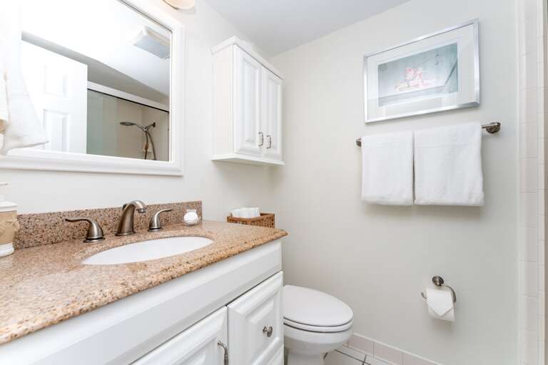 The guest bathroom is equipped with granite countertops, a glass shower, and plush spa towels The guest bathroom is equipped with granite countertops, a glass shower, and plush spa towels
