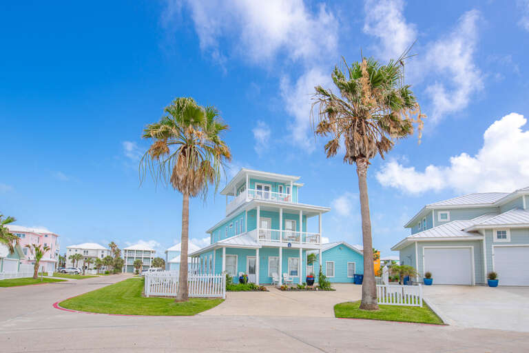 Blue House With Palm Trees Under Blue Sky