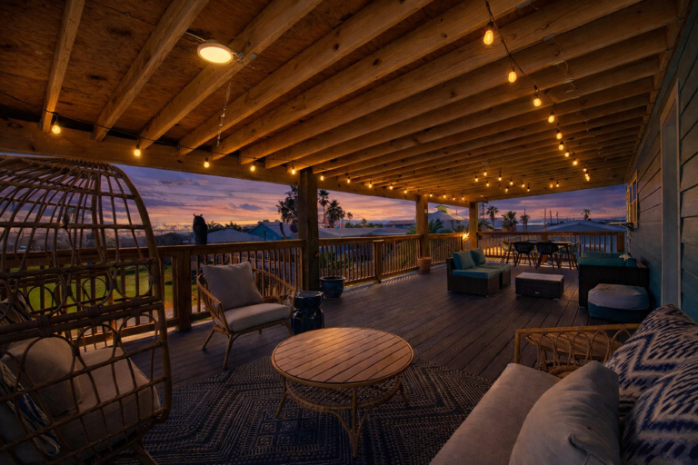 Sunset Sanctuary With String Lights And Seating
