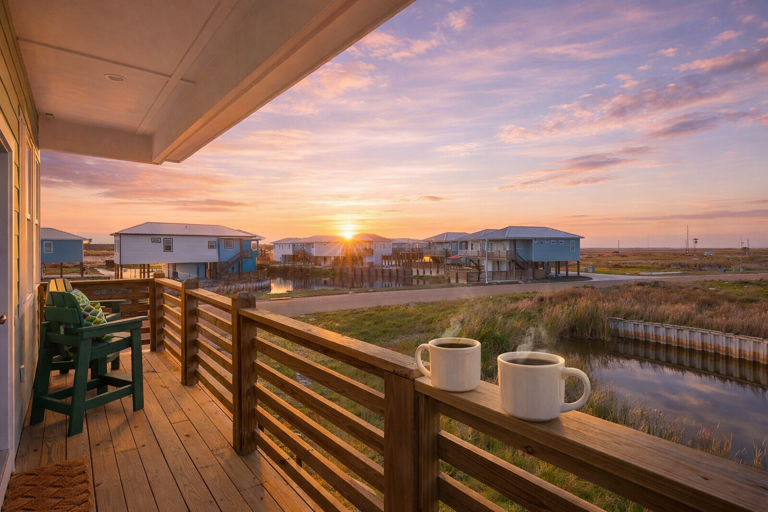 Sunset Scene With Steaming Mugs On A Wooden Deck