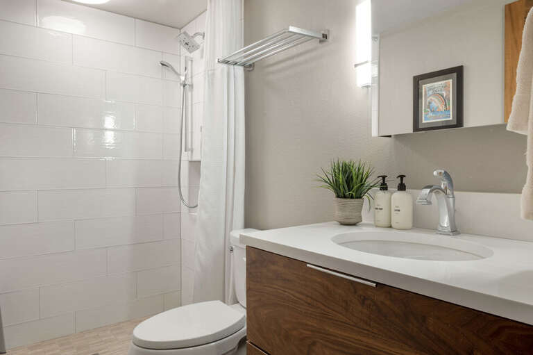 This bathroom, located next to the primary bedroom, is not en-suite and features a fully remodeled step-in shower and a single vanity.