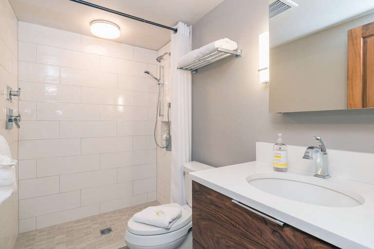 This bathroom is next to the primary but not en-suite, with a fully re modeled step in shower.