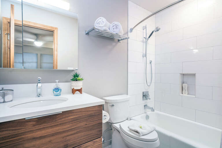 This guest room offers an en-suite bathroom with a shower/tub combo.