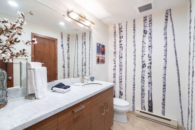 The powder room on the main level adds comfort and convenience for your family or group.