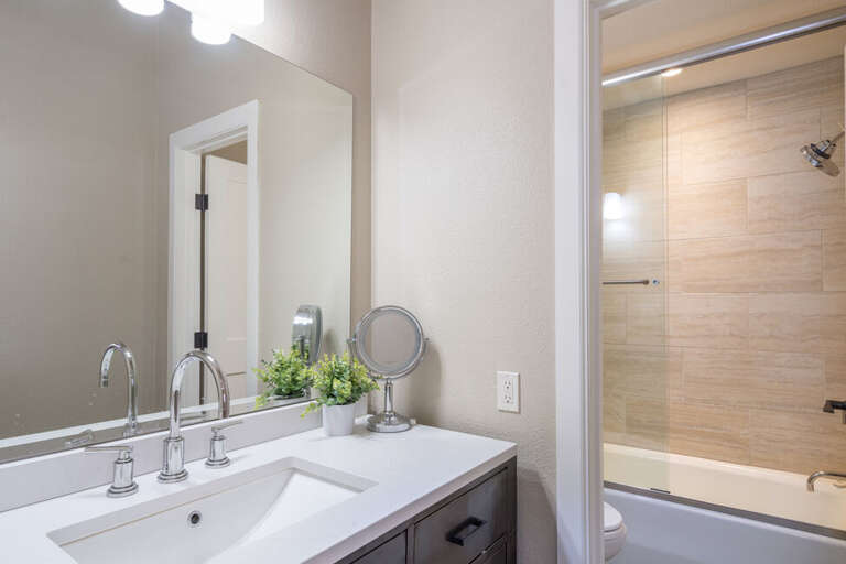 The ensuite bathroom includes a single vanity and a shower/tub combo.
