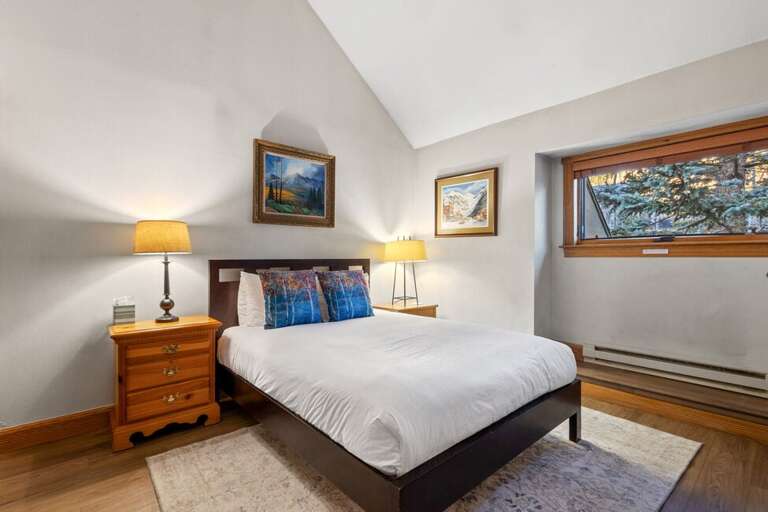 The guest room, located off the dining area, features a queen bed and a large closet.