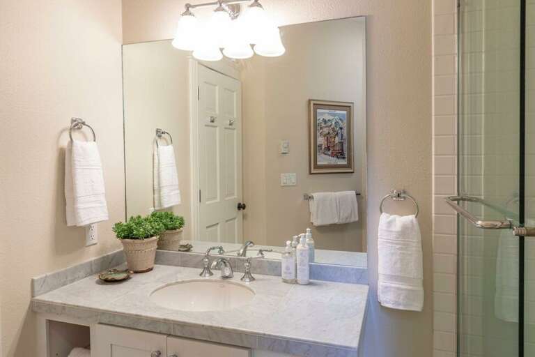 The guest bathroom on the first level features a walk-in shower and light and bright vanity.