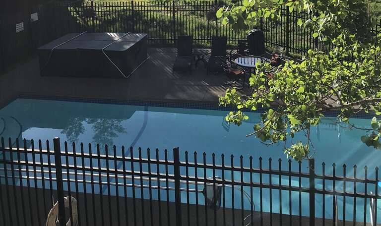 Looking down on the hot tub from Etta Place 108