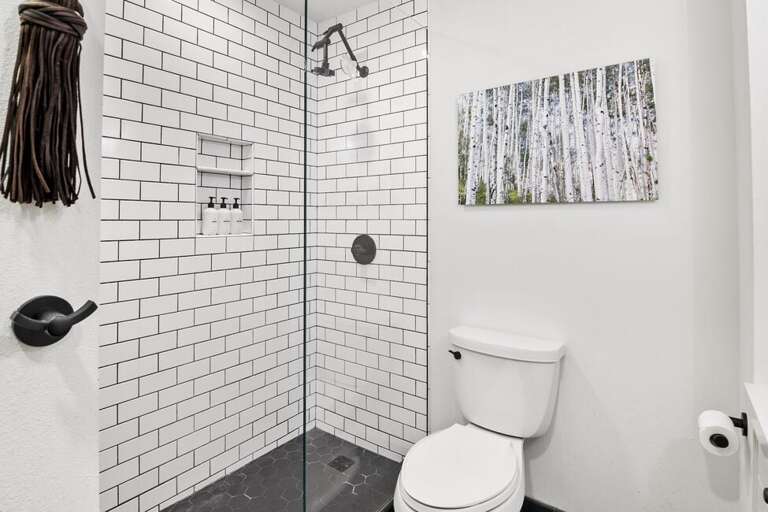 Beautifully decorated step in shower with rain shower head is the perfect place to relax after a fun day on the hill.