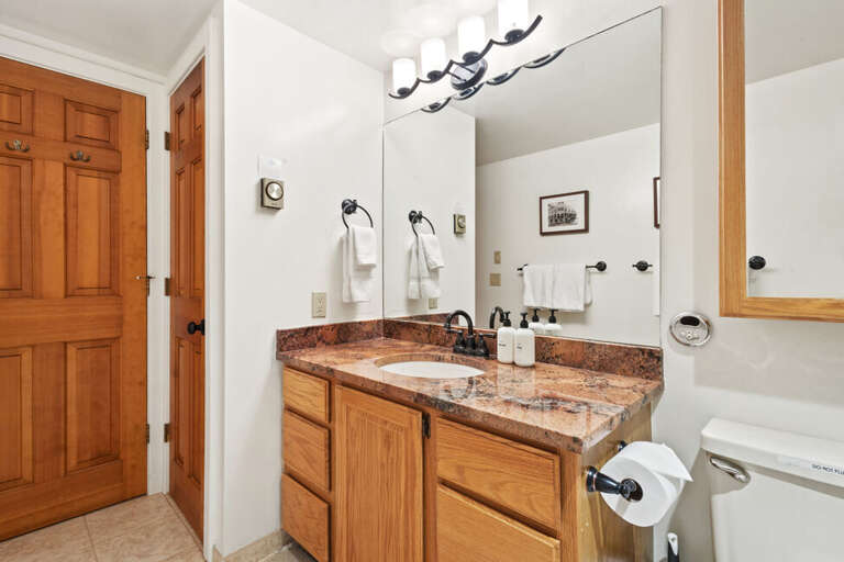 There is a guest bathroom in the hallway with single vanity.