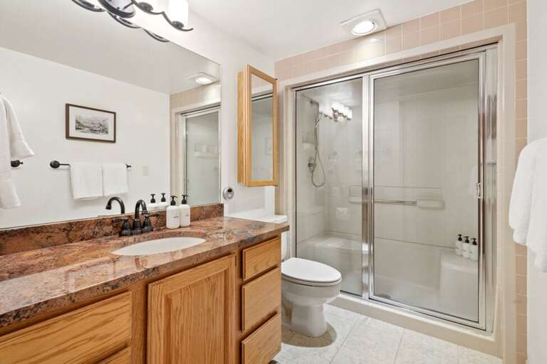 There is a guest bathroom in the hallway with a steam shower.