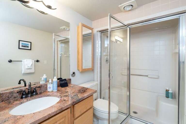 There is a guest bathroom in the hallway with a steam shower. There is a guest bathroom in the hallway with a steam shower.