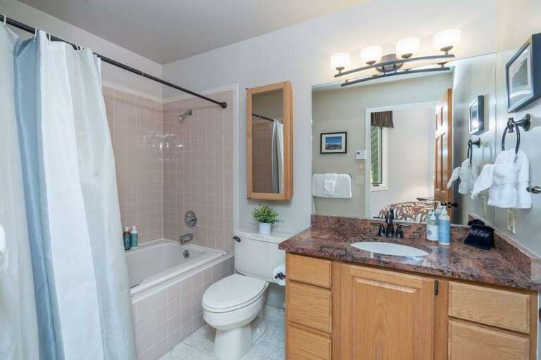 The Primary ensuite bathroom features a shower/tub combo. The Primary ensuite bathroom features a shower/tub combo.