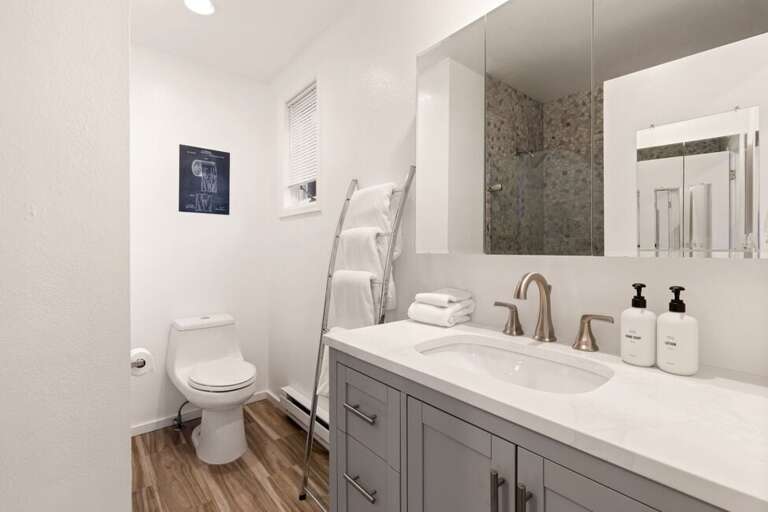 Spacious newly remodeled bathroom with tub/shower combo.