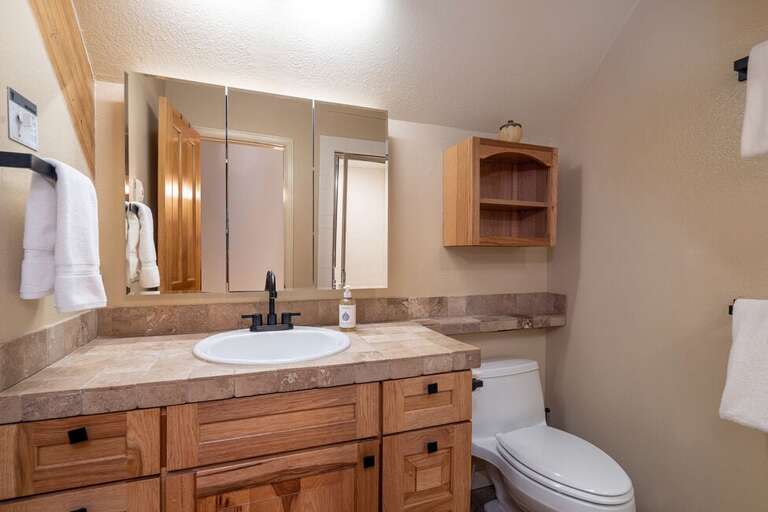 Shared bathroom on the second level with a step in shower.