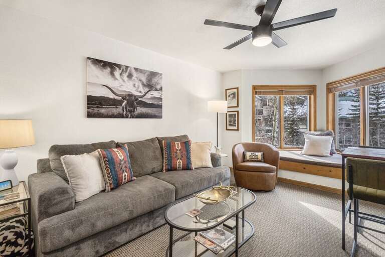 The living room has a large sleeper sofa for additional guests-facing a flat screen TV and a bay window with gorgeous views of the San Miguel River and Lift & ski runs.