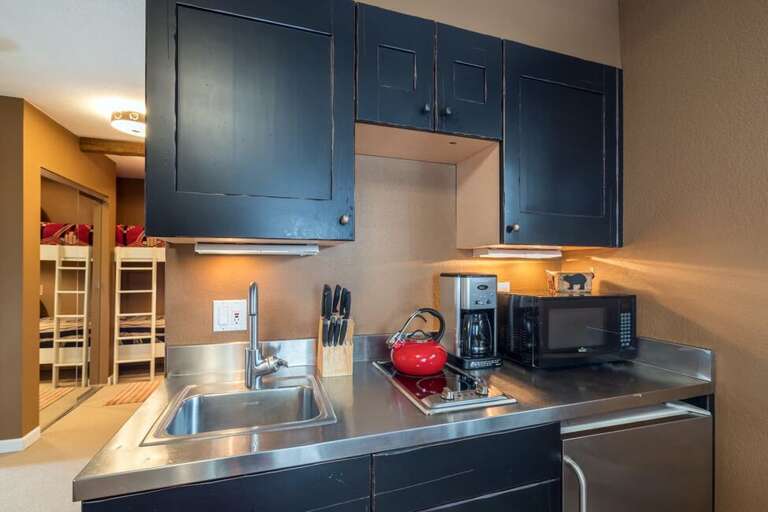 The kitchenette in the main living space includes a small stovetop, microwave, small refrigerator and toaster oven.