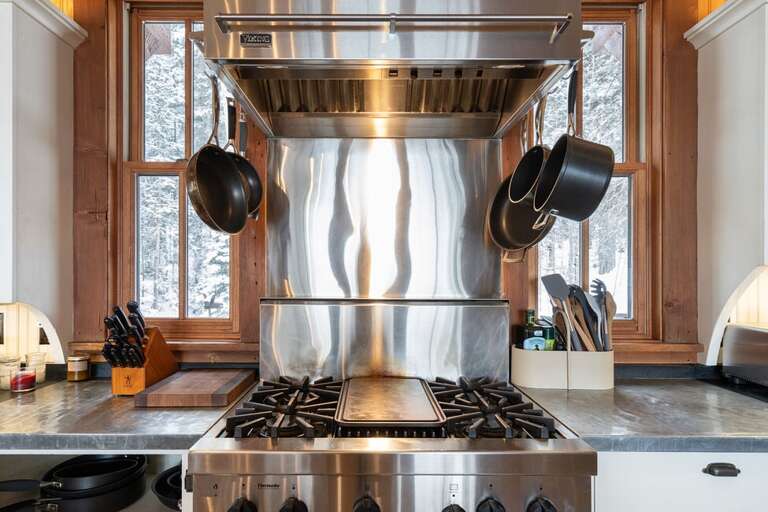 Stainless steel appliances and plenty of counter space.