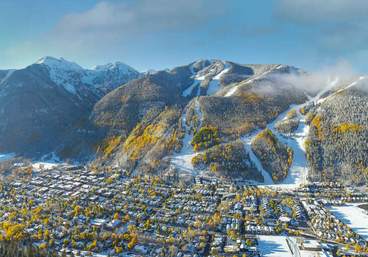 View of town and the front of the Telluride ski mountain.