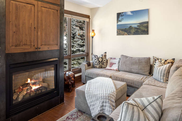 Cozy living area with gas fireplace and mountain views perfect place to enjoy epic Telluride sunsets.