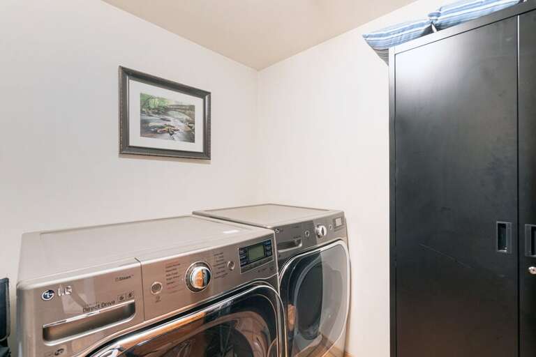 Full size LG washer and dryer.  We provide washing soap.
