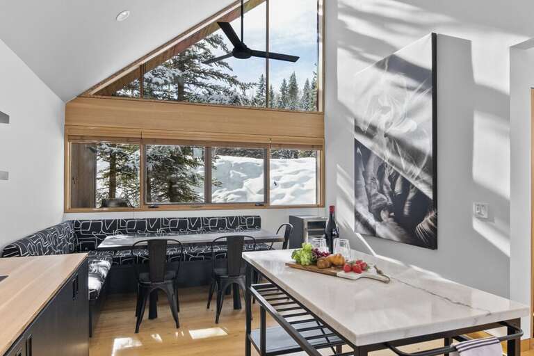 The banquet if perfect for any family meal. The kitchen features a wine refrigerator.