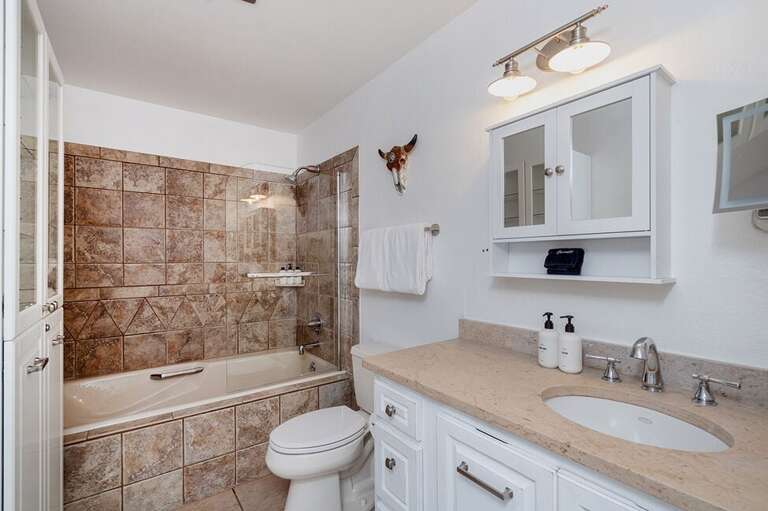 The shared bathroom features a tub/shower combo and single vanity. The shared bathroom features a tub/shower combo and single vanity.