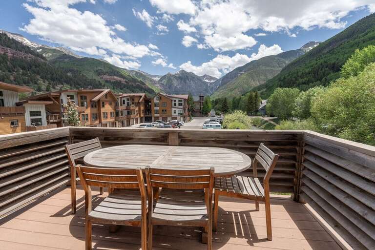 The Second of the two Balconies offers seating for 4 and stunning views of the Telluride Valley and San Miguel River.