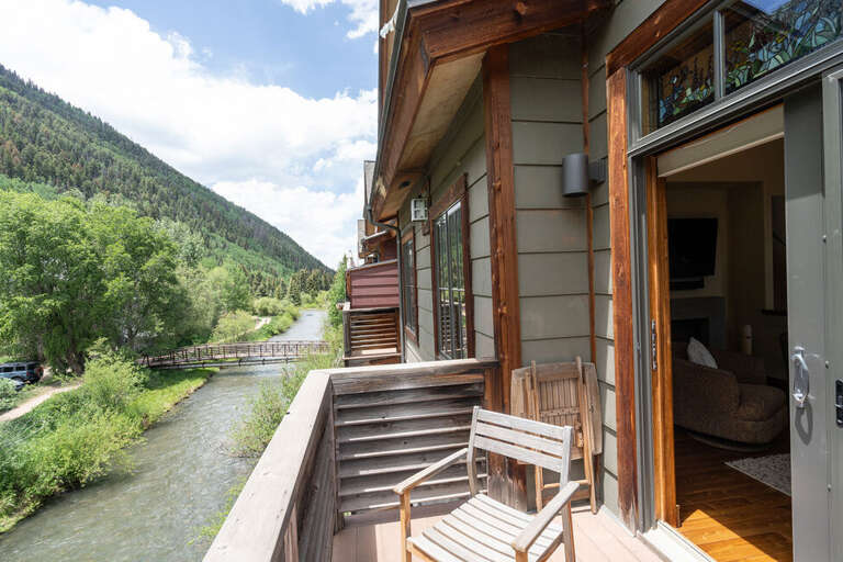 One of the two Private Balconies on the living level of the unit, overlooking the San Miguel River and Telluride River Trail.