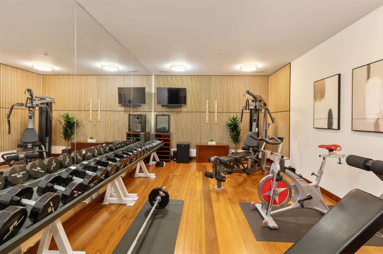 State-of-the-art home gym with an exercise bike, weight rack, mats, and a TV