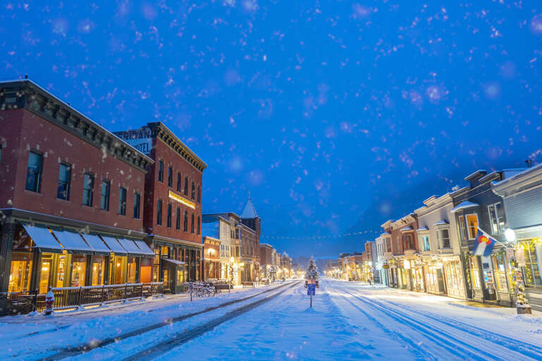 Quiet snowy night on main street Telluride. Quiet snowy night on main street Telluride.