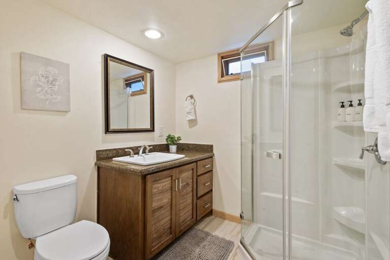 Full Bathroom with step in shower and single vanity.