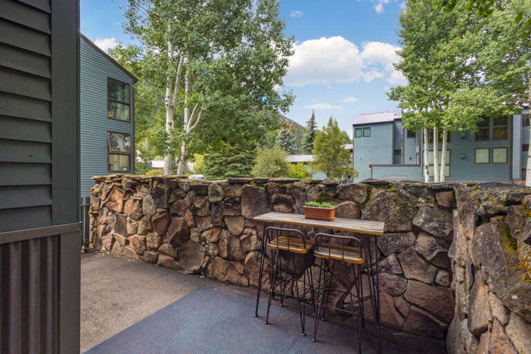 Private patio with mountain views.