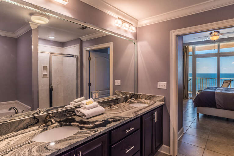 Phoenix Gulf Shores 1703 Master Bathroom with His & Her Sinks, Jetted Tub and Walk-in Shower Phoenix Gulf Shores 1703 Master Bathroom with His & Her Sinks, Jetted Tub and Walk-in Shower