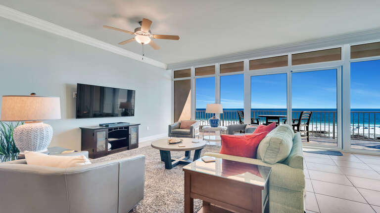 Living Room Interior With Ocean View Through Large Windows