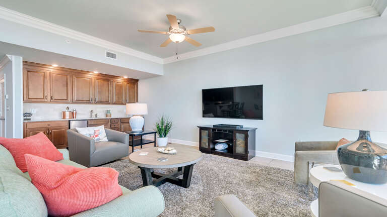 Living Room Interior With Kitchenette, Sofa, And Television