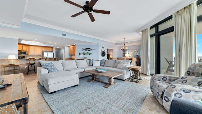 Spacious Living Room With Seaside Decor And Open Kitchen Design