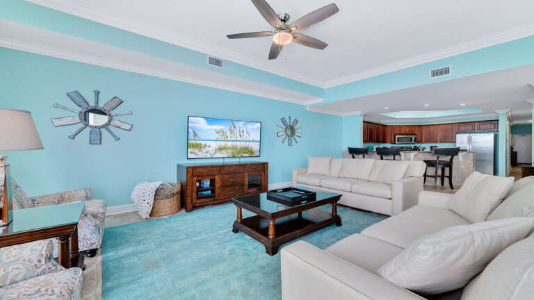 Interior View Of A Living Room With Furniture And Ceiling Fan