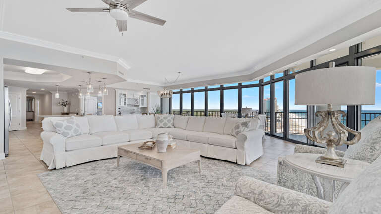 Interior Living Space With White Sofas And Ocean View Interior Living Space With White Sofas And Ocean View