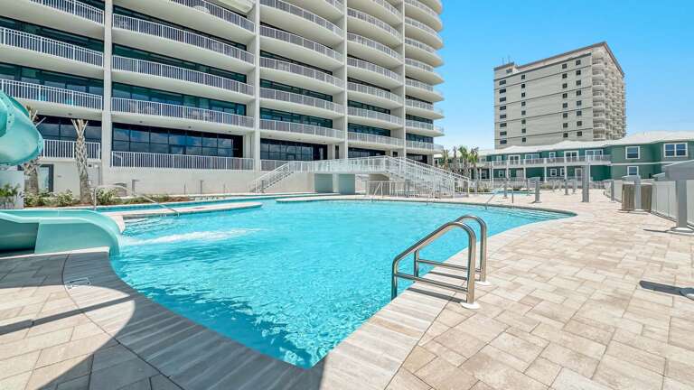 Poolside Paradise, Tall Towers, Sunlit Scene