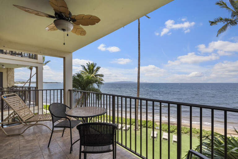 Seaside Balcony View With Palm Panorama, Ceiling Fan Above