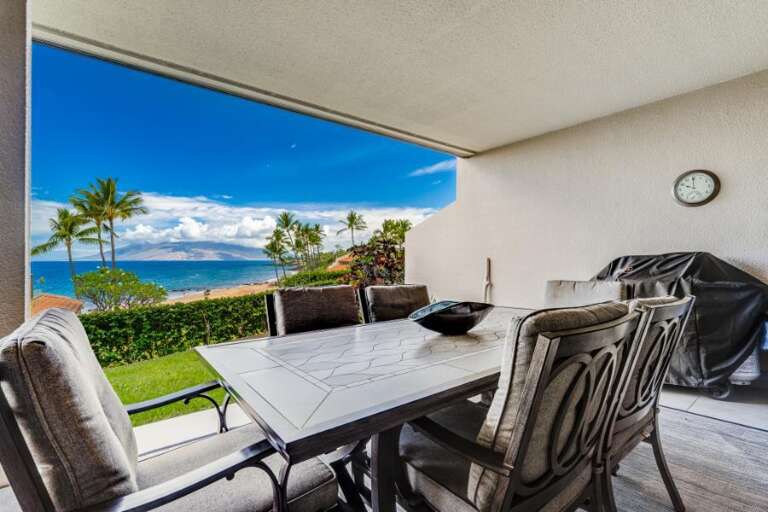 Patio View Of Palm Trees And Ocean From Shaded Terrace