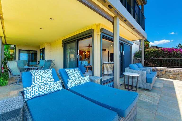 Blue Lounge Chairs, Bright Balcony, Blurred Background