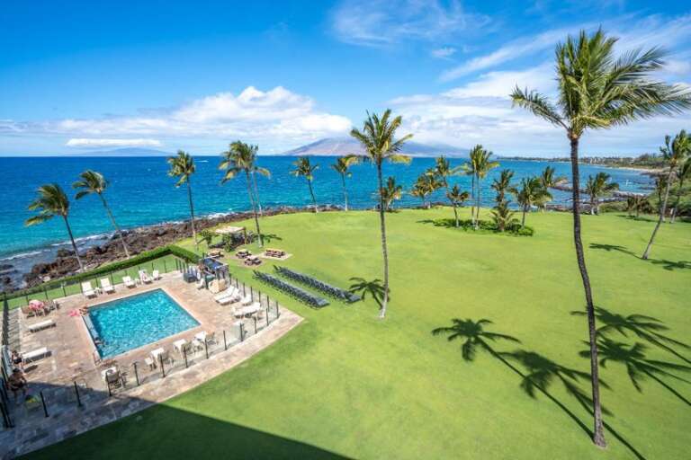 Palm-lined Pool Beside Blue Sea Under Bright Sky