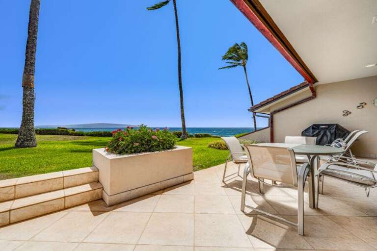 Patio View Of A Vacation Rental With Palm Trees And Sea