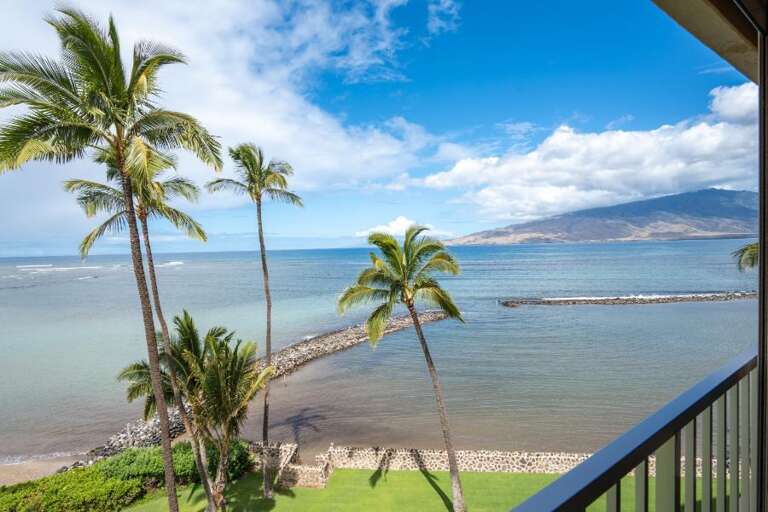 Palm-fringed View From Vacation Rental Balcony Overlooking Serene Sea