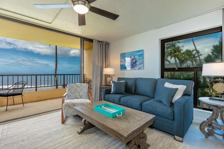 Living Space With Sea Views, Ceiling Fan Above Blue Sofa, Balcony Breeze Beckons